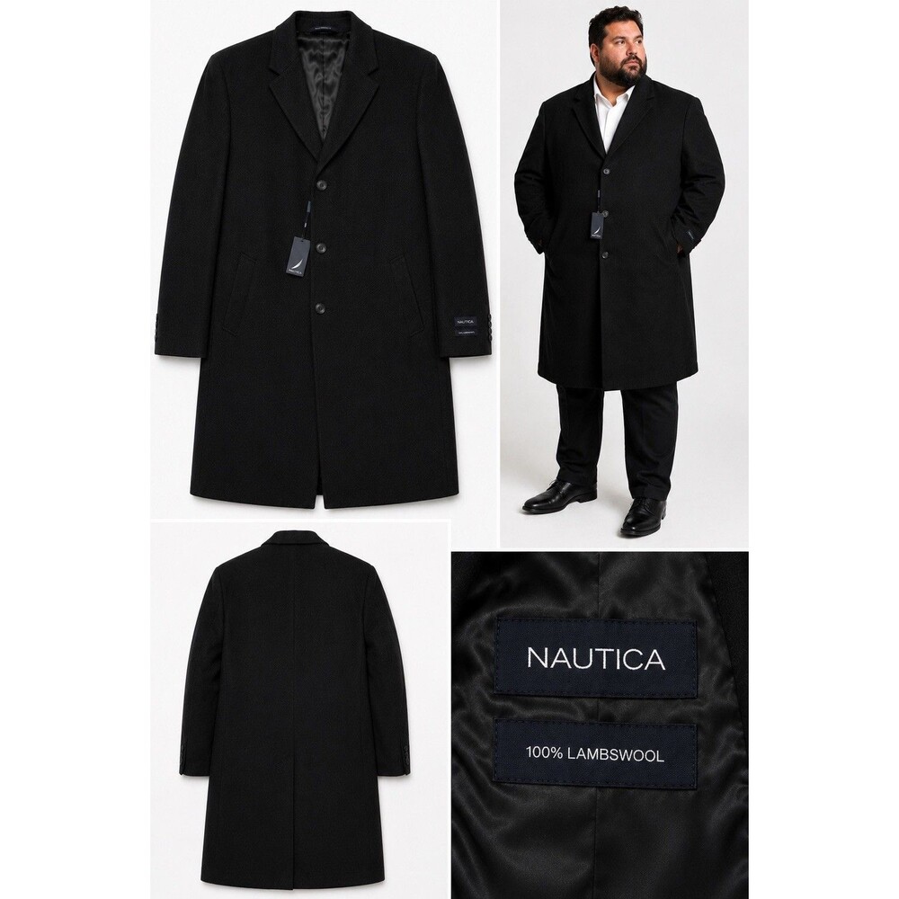 Nautica 100% Lambswool Overcoat Mens 50R XXL Black Long Wool Coat NWT
